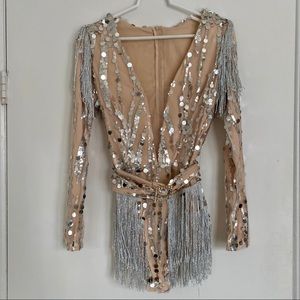 Apricot romper with silver sequins and fringe